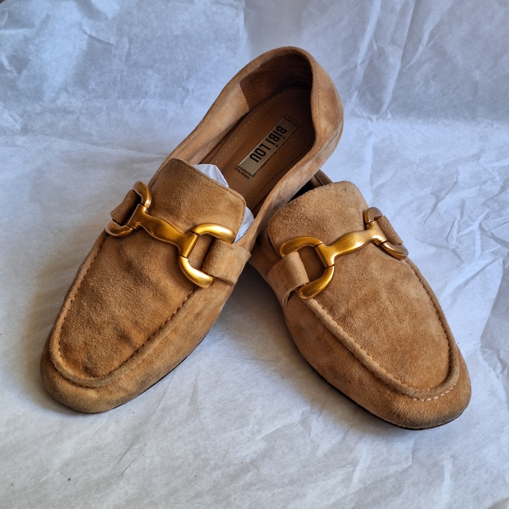 Anthropologie Tan Suede Loafers with Gold Accent
